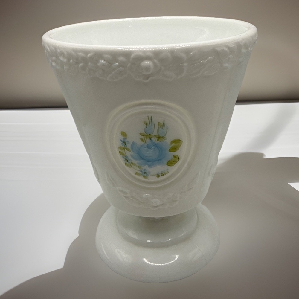 Fenton Hand Painted Milk Glass Candy Dish Blue Flowers Signed By Artist 6"x 4.5"